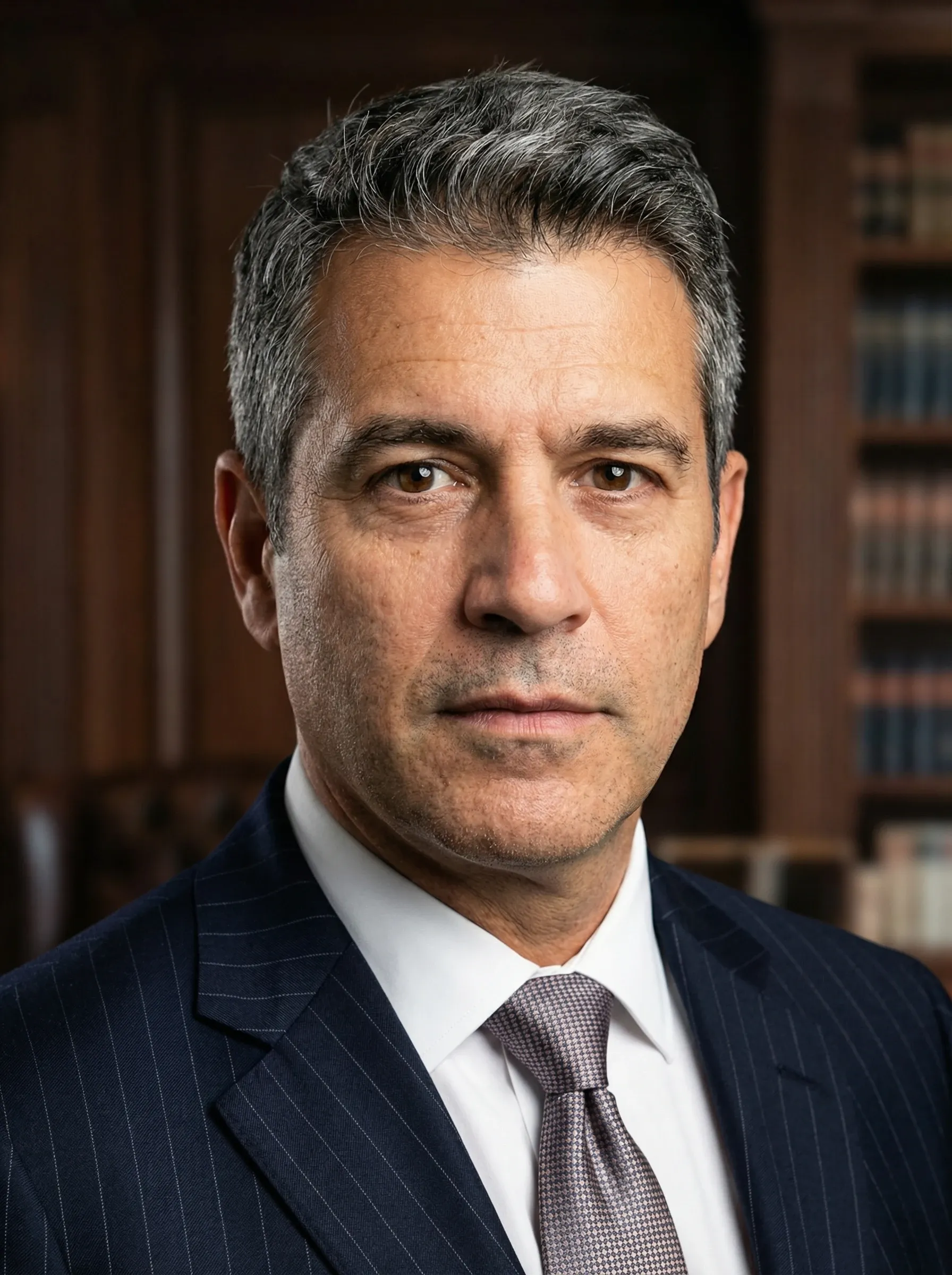 AI attorney headshot — man in a navy pinstripe suit and silver tie in a formal law library